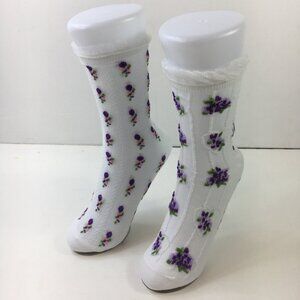 Womens White Floral Crew Socks Set 2 Purple Floral Patterns Ruffle Cuff